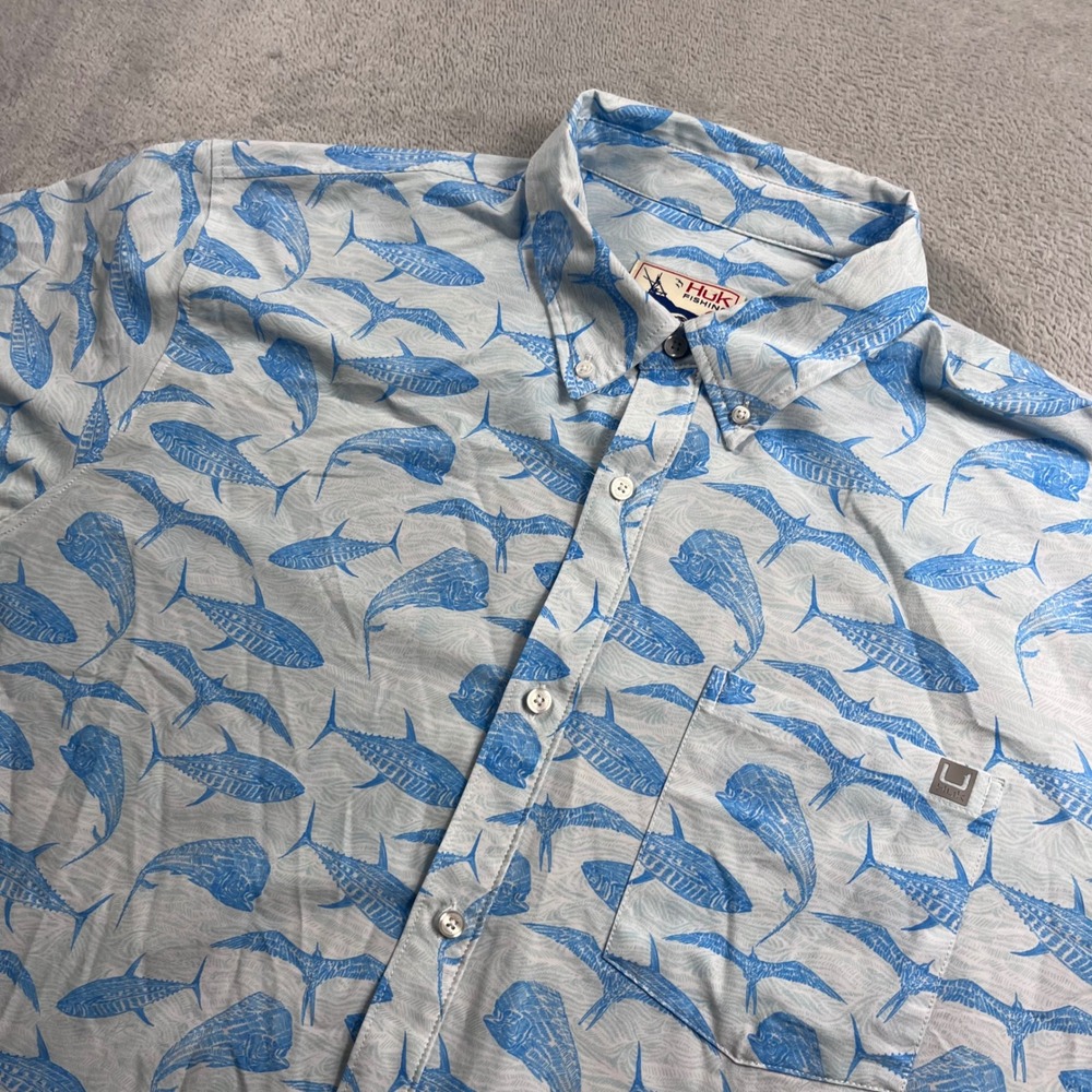 Huk Fishing Mens 2XL Blue Fish Print Short Sleeve Button Down Shirt